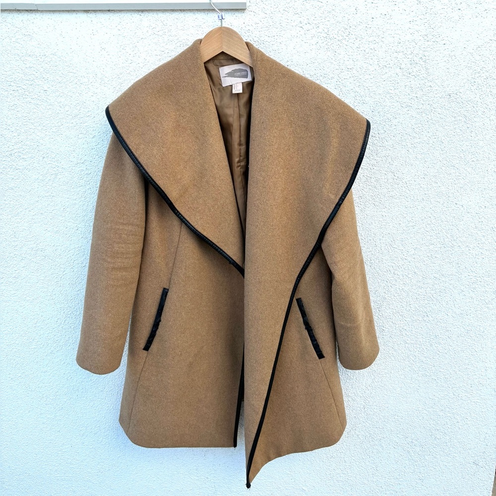Forever 21 Contemporary Draped Collar Camel Coat | Size S